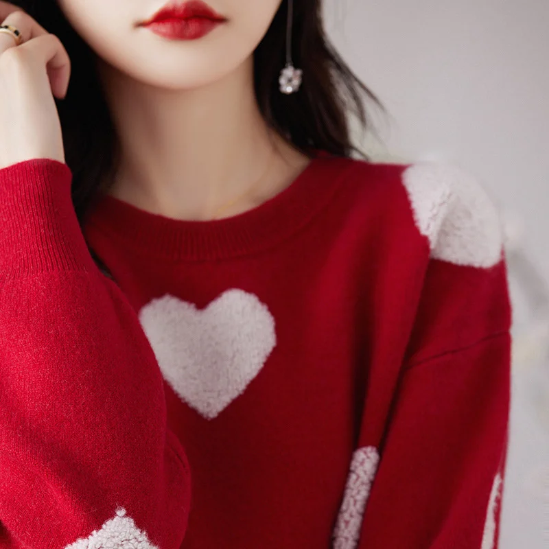 Churchf Churchf Dong Lady Long Sleeves Versatile Round Neck Sweater Sweater Jacket Jacket Korean Version Love Jacquard Loose Bottom Shirt