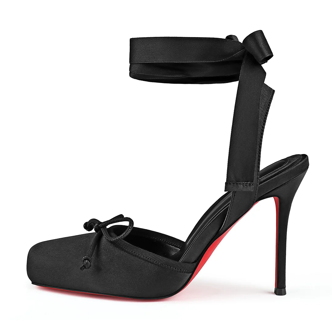 100mm women's red bottom satin ribbon lace-up square toe party wedding shoes-MERUMOTE