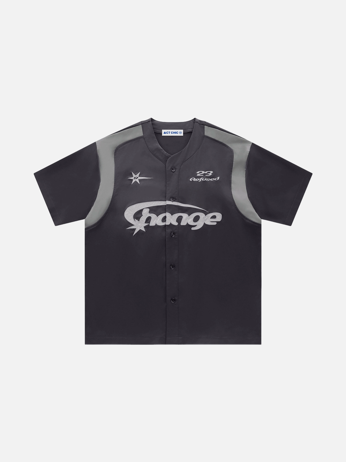 Black Act Chic Letter Embroidery Short Sleeve Shirt Front