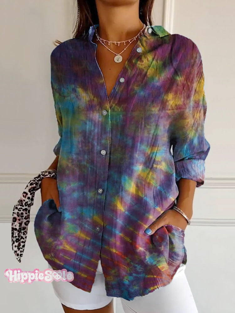 Women’s Irregular Starry Sky Tie Dye Print Casual Cotton Shirt Multicolor / S