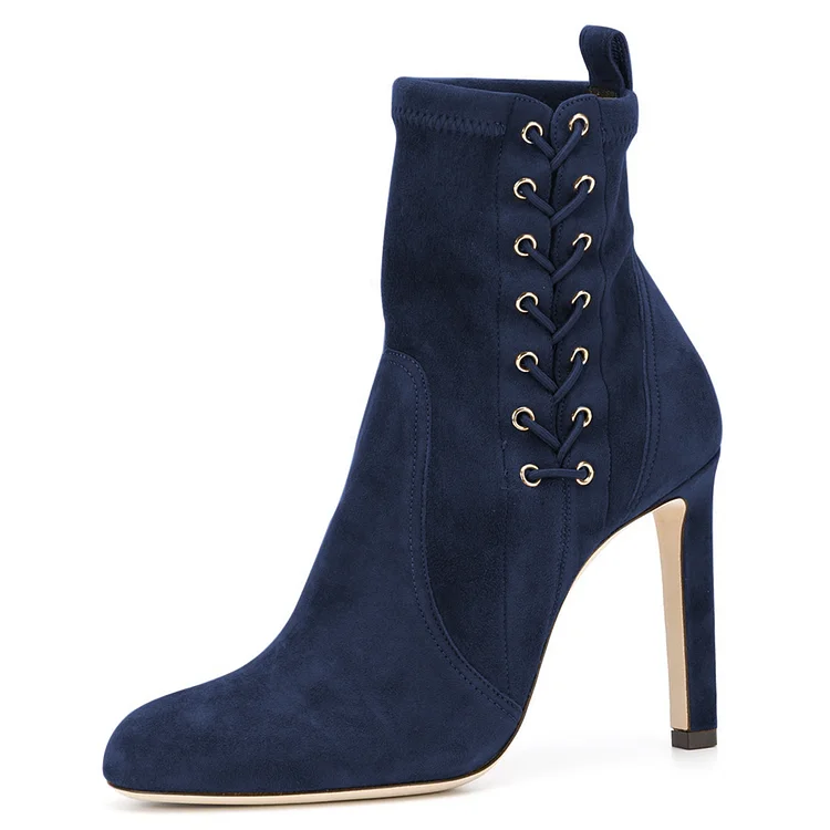Navy Lace Up Chunky Heel Almond Toe Ankle Boots |FSJ Shoes