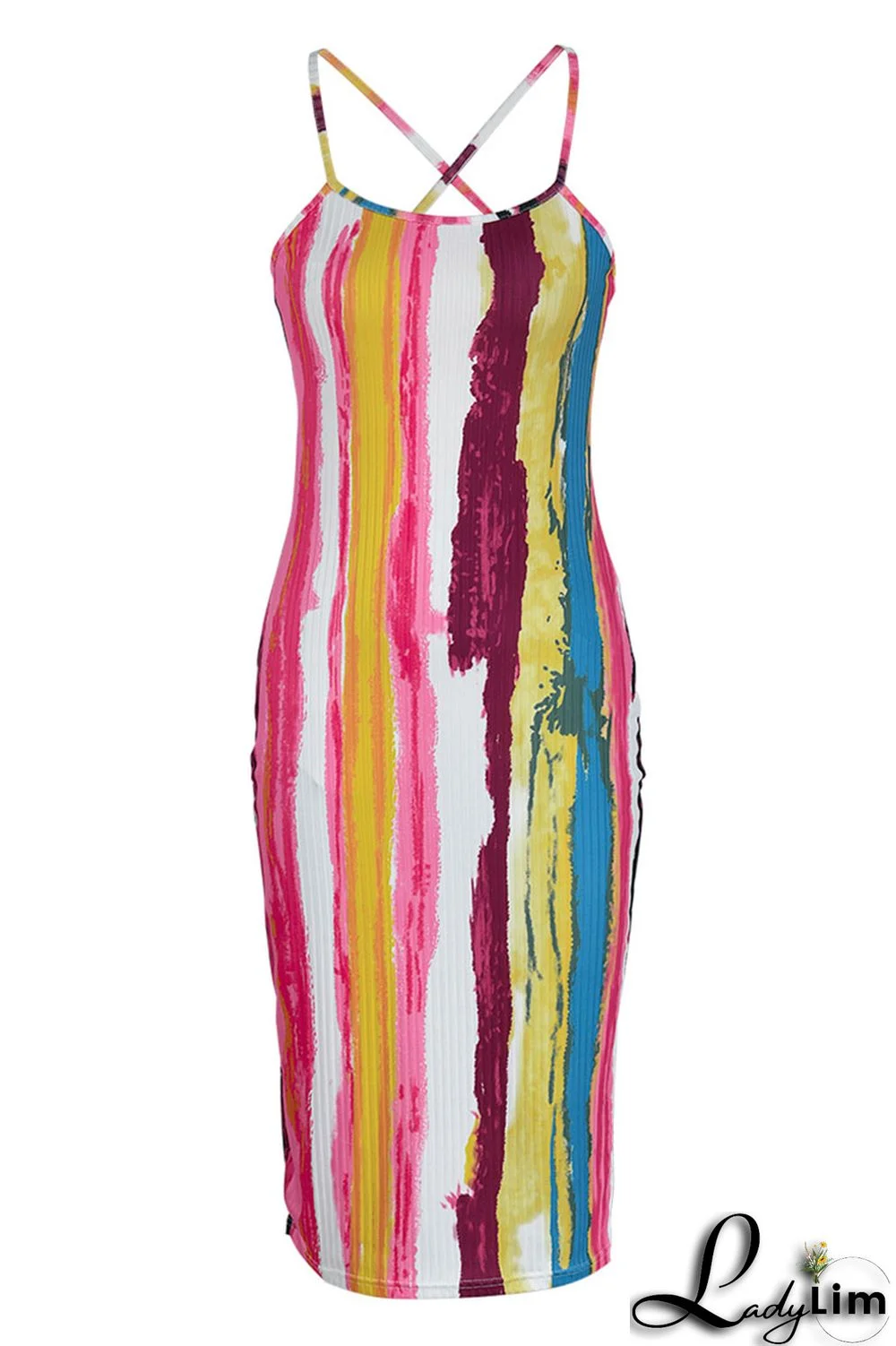 Red Sexy Striped Print Patchwork Spaghetti Strap Sling Dress Dresses