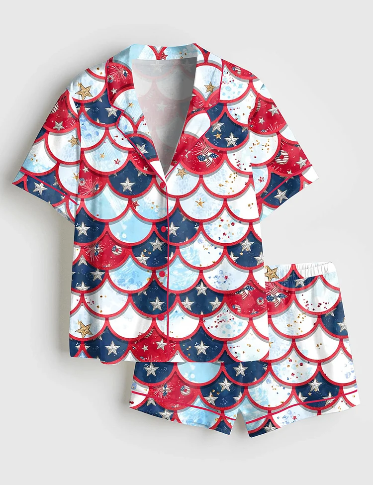 Women&rsquo;s Patriotic Stars Stripes Firework Glitter 4th Of July Short Sleeve Satin Pajama Set