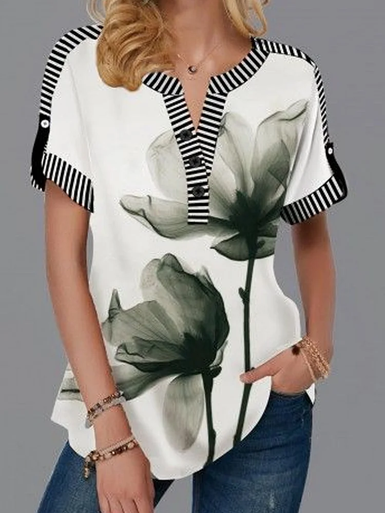 Ladies V-neck Printed Casual Short-sleeved Blouse