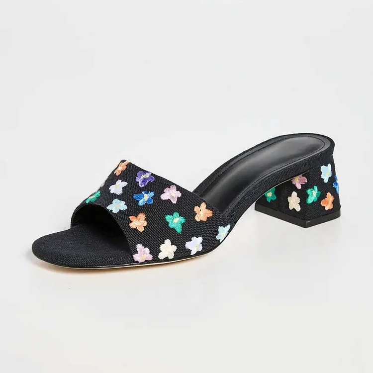 Black Canvas Multicolor Floral Embroidered Block Heel Mules Sandals |FSJ Shoes