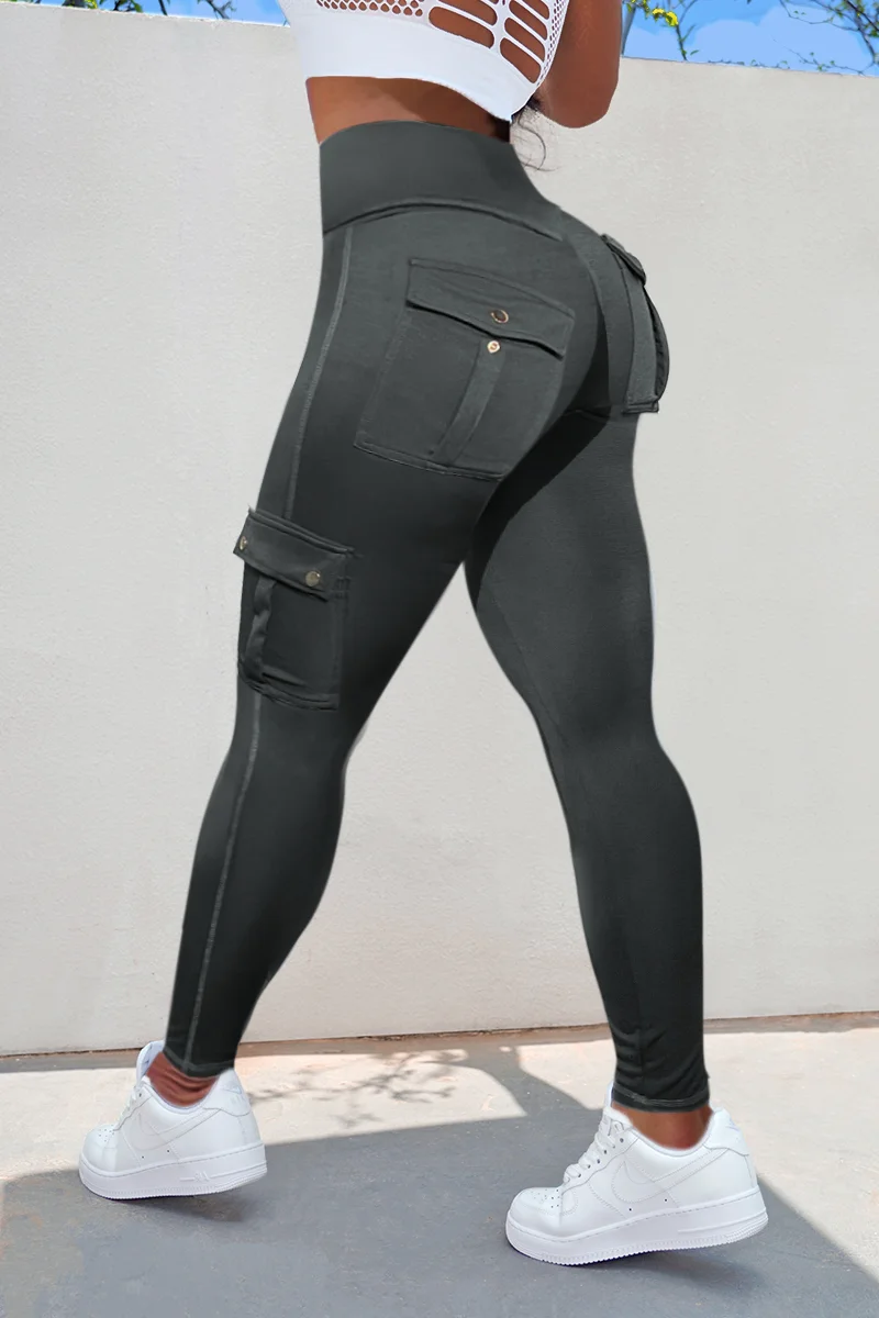 Solid Flap Pocket High Waist Sports Leggings