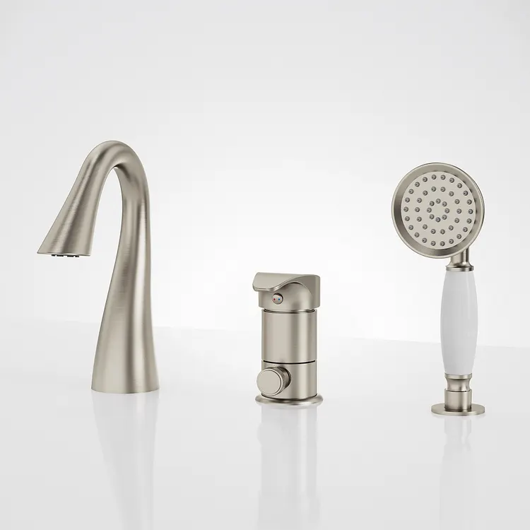 EVERSTEIN 8.5" H Deck Mount Brass Bathtub Faucet with Handheld Shower Brushed Nickel