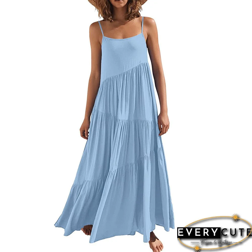 Blue Spaghetti Straps Pleated Beachwear Long Dress