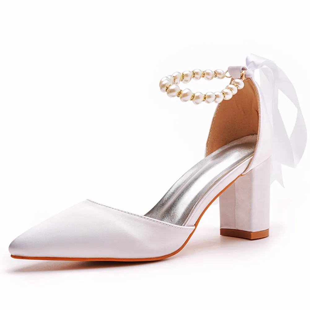 Breakj Breakj Cm Thick Heel Pointed Sandals With Shallow Female Sandals White Beaded Satin Cloth Bride High Heels Large Size