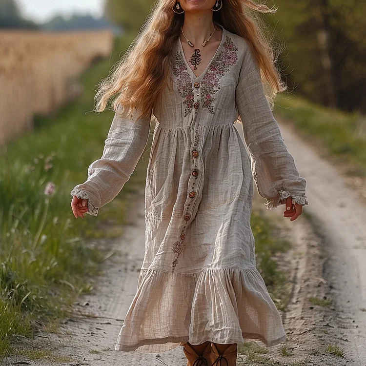 Women's Linen Ethnic Solid Long Sleeves Maxi Dress