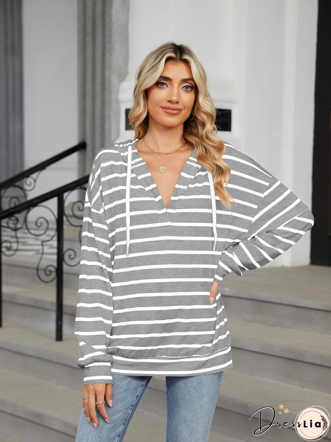 Drawstring Striped Long Sleeve Hoodie