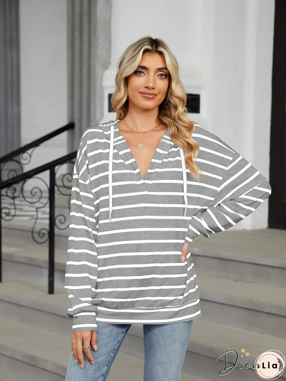 Drawstring Striped Long Sleeve Hoodie