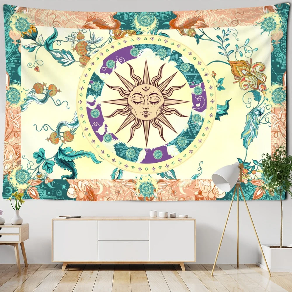 Burning Sun Tapestry Wall Hanging Flower Vine Retro Mysterious Hippie Bohemian Witchcraft Home Decor