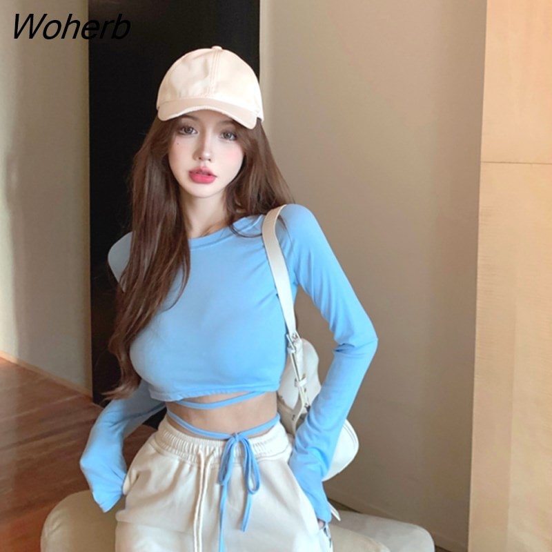 Woherb Up Long Sleeve T-shirts Women Spring Solid Simple All-match Cotton Crop Tops Korean Style Streetwear Teens Sexy Slim Skinny