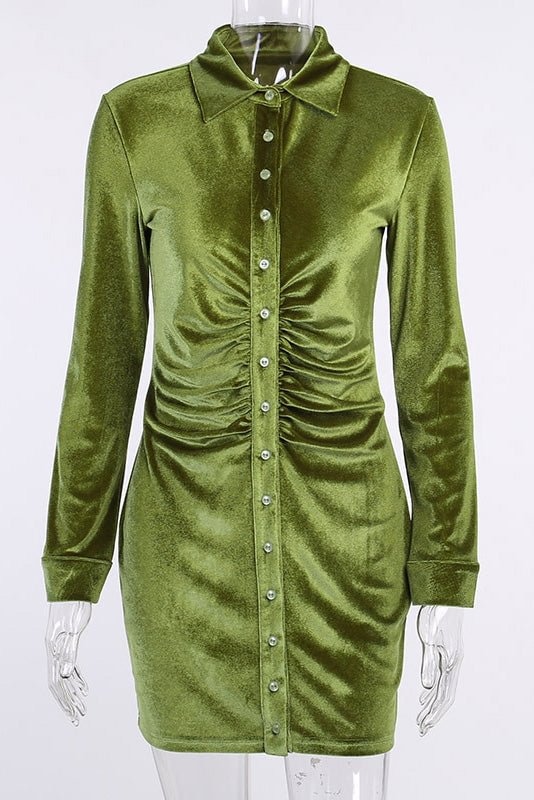 Sexy Green Shirt Long Sleeve Mini Dress - Life is Beautiful for You - SheChoic