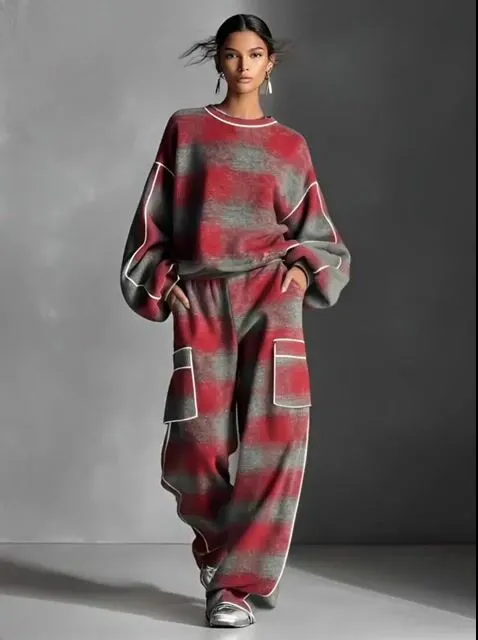 Women's Red And Gray Plaid Brushed Distressed Street Style Color-Blocked Piping Pantsuit Set MDA1065K4I