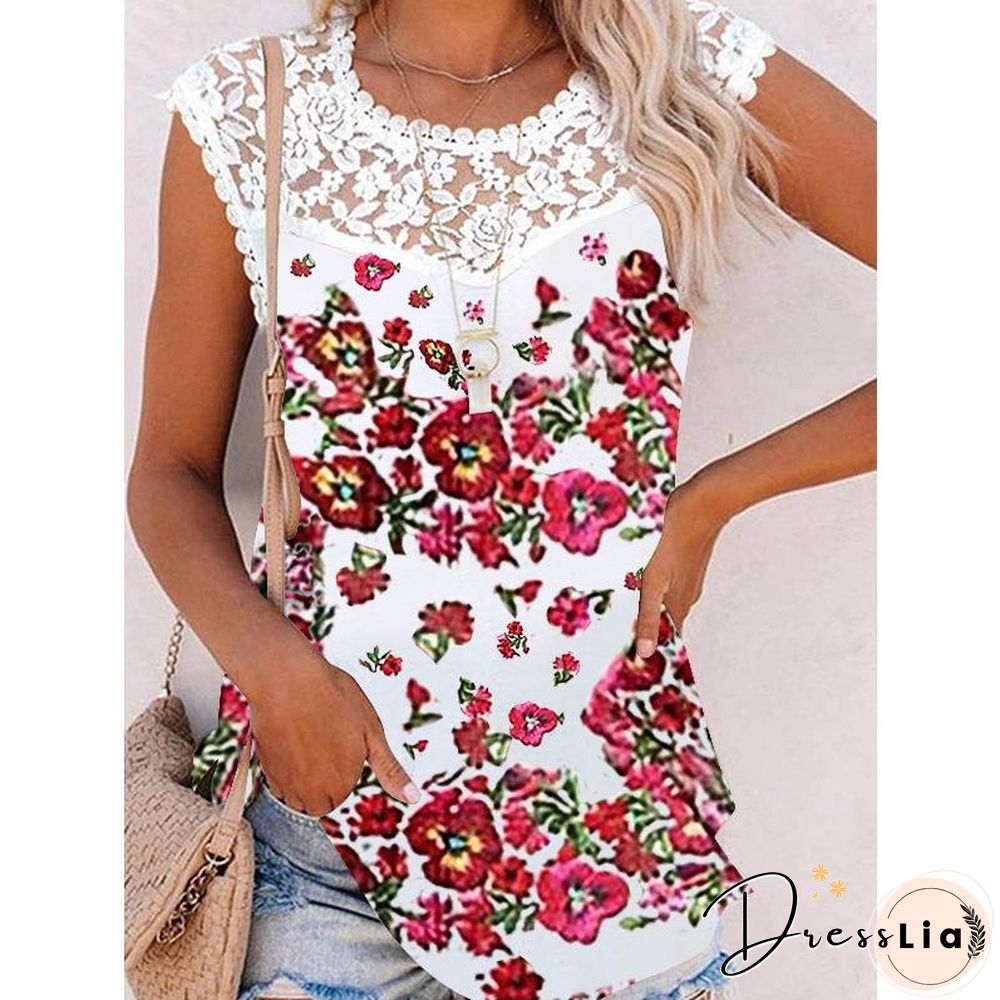 Lace Trim Printed Casual Short Sleeve Shirt