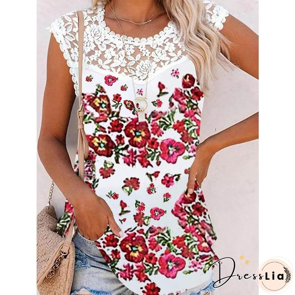 Lace Trim Printed Casual Short Sleeve Shirt