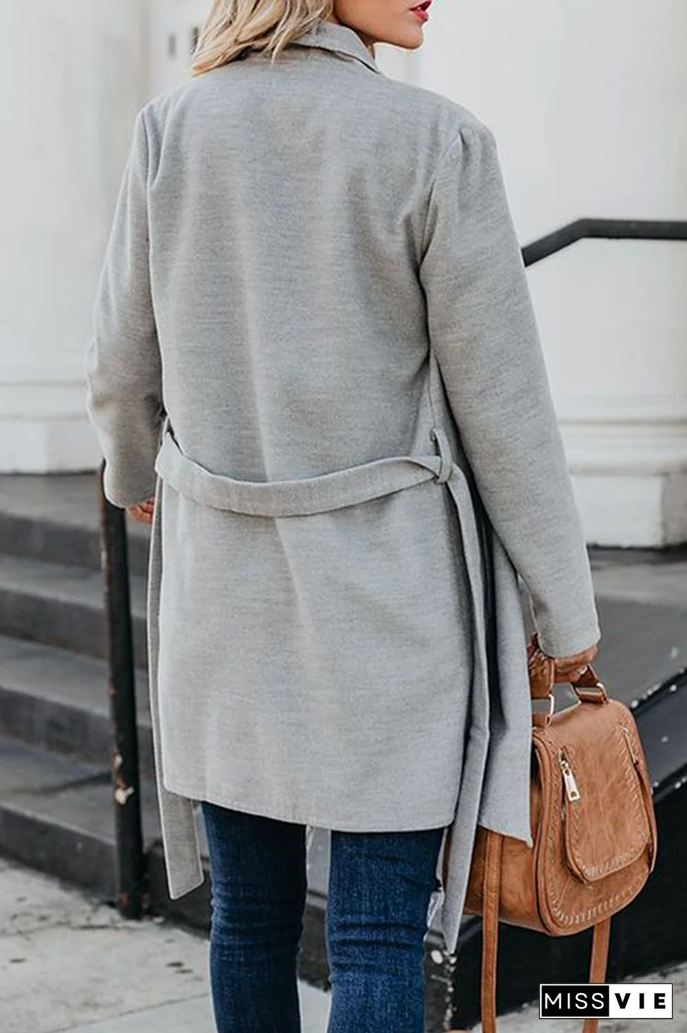 Elegant Solid Pocket With Belt Turndown Collar Outerwear