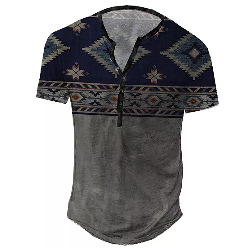  Men's Casual Aztec Full Shop Print Henley T-shirt