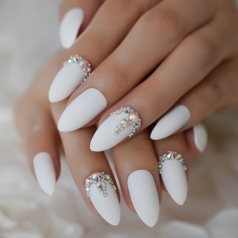 Matte Custom Fake Nails Craft White Decorative Luxury Nails Stiletto Rhinestones Designed Fingernails with Glue sticker 24pcs