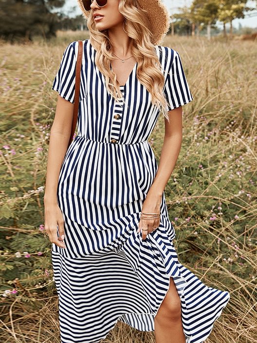Women's Short Sleeve V-neck Striped Printed Maxi Dress