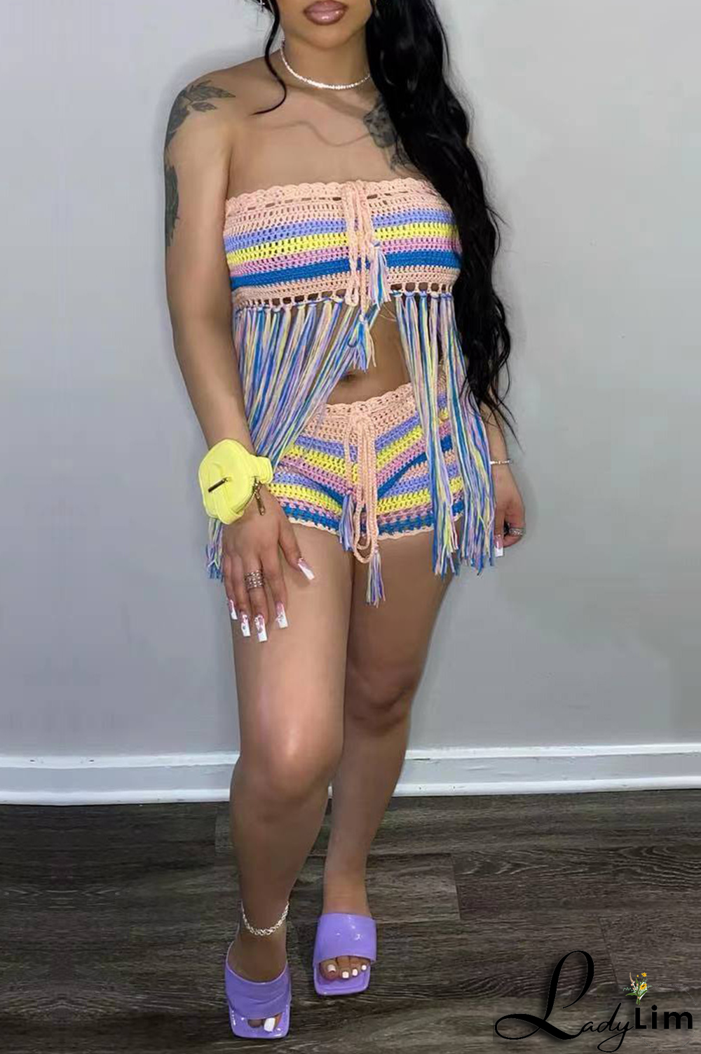 Blue Sexy Patchwork Tassel Strapless Sleeveless Two Pieces