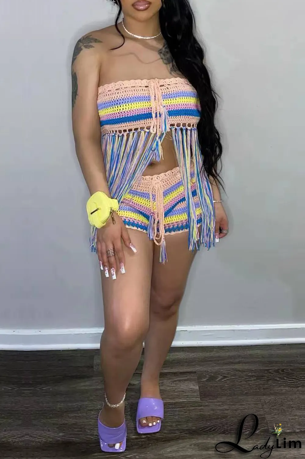Blue Sexy Patchwork Tassel Strapless Sleeveless Two Pieces