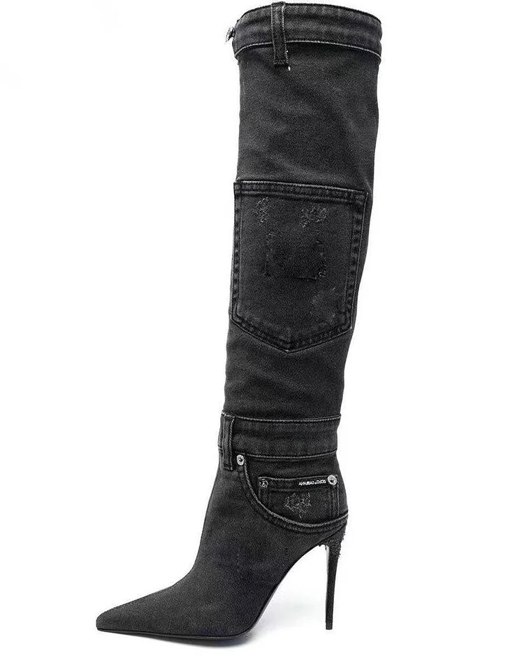 Denim Striking Patch Pocket Pointed Toe Boots