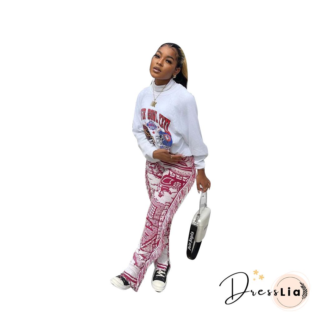 Side Tassels Patchwork Elastic Waist Women Print Jogger Pant