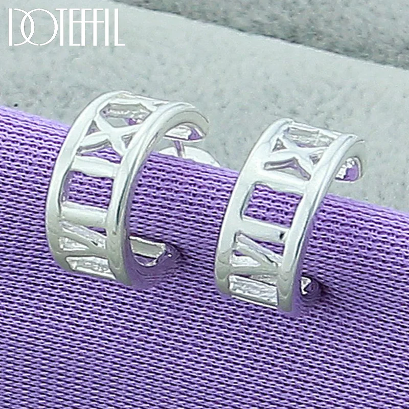 DOTEFFIL 925 Sterling Silver Hollow Roman Numerals Hoop Earrings For Woman Jewelry