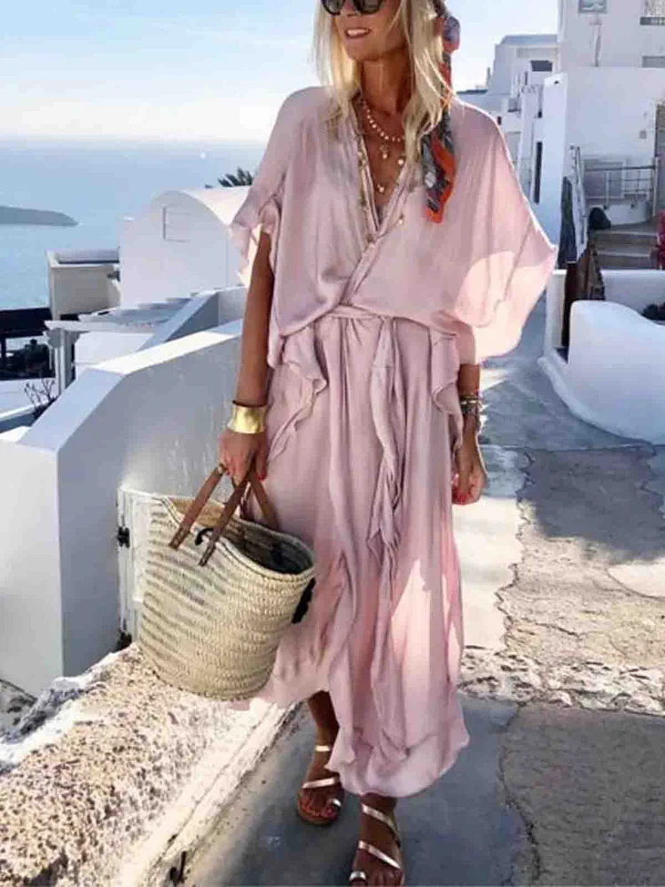 V Neck Solid Short Sleeve Boho Dress