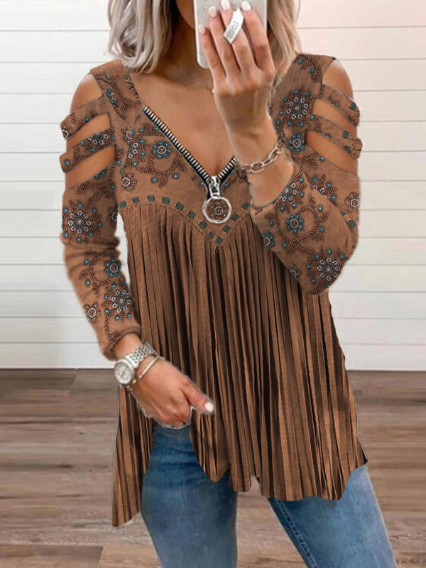 Comstylish Western Vintage Fringe Hollow Shoulder T Shirt