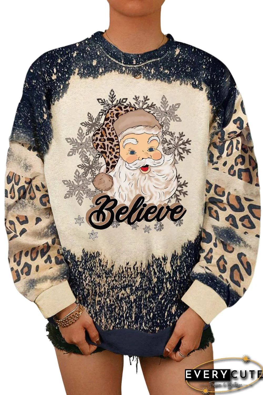 Black Believe Santa Clause Bleach Print Graphic Sweatshirt