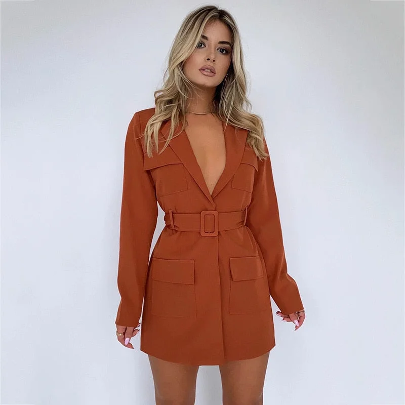 Women Elegant Vintage Collar Blazer 2022 Spring Jacket Belt Slim Long Sleeve Low-nevk Dress No Button Blazers Outerwear