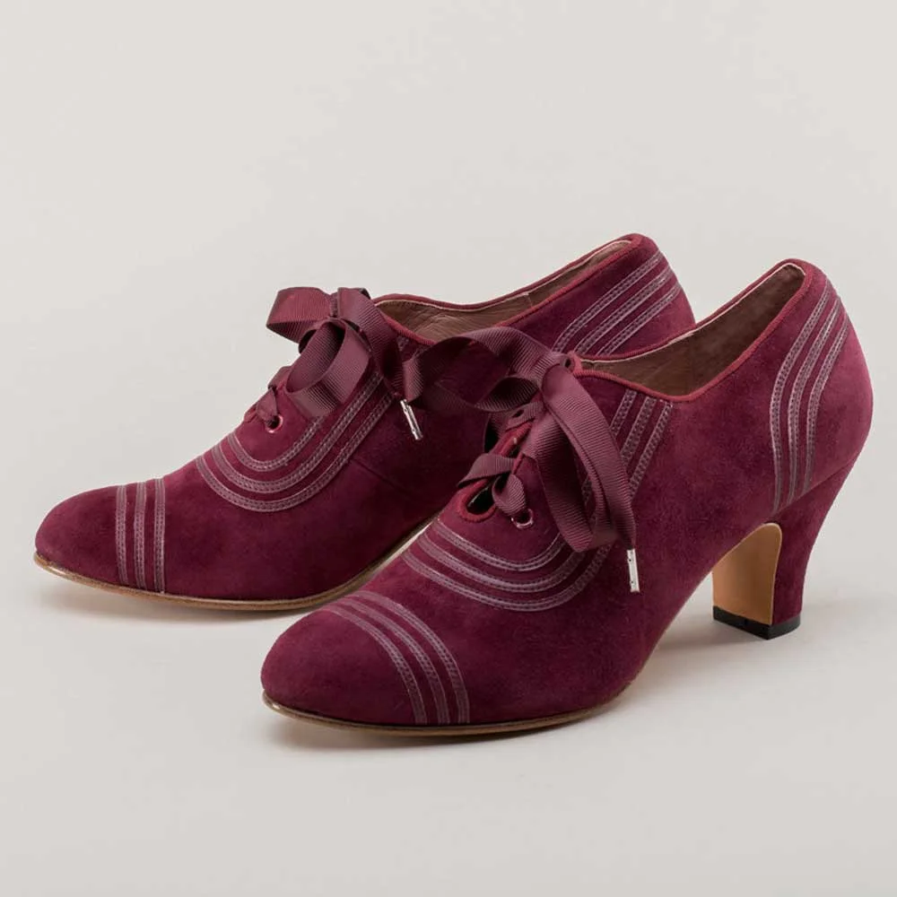Maroon Vegan Suede Striped Detail Vintage Ribbon Lace-Up Oxford Heels Nicepairs