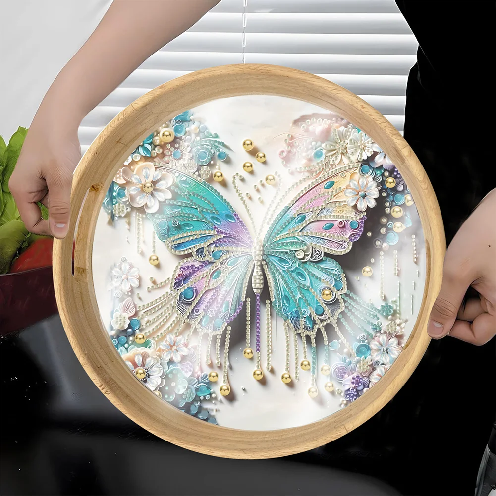 DIY Butterfly Wooden Diamond Food Dinner Plate with Handle for Coffee Table