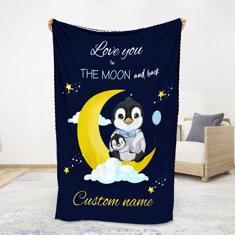 Personalized Blanket Custom Name Penguin Blanket "Love You to The Moon and Back"