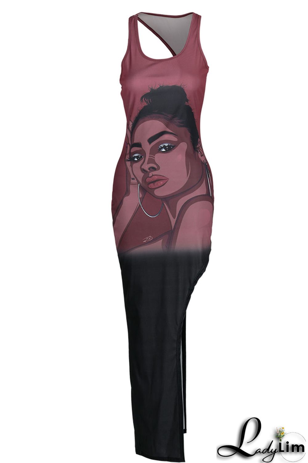 Orange Sexy Print Split Joint Slit O Neck Straight Dresses