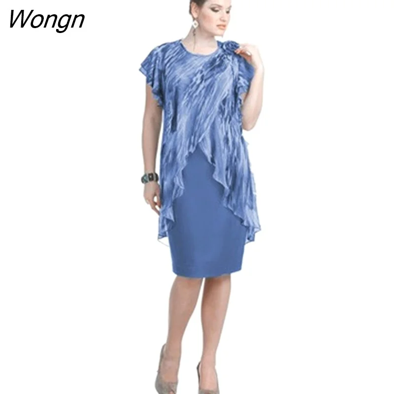 Wongn Size Summer Dress Women's Clothing Knee Length Fake Two-Piece Dress Large Size Chiffon Ruffles Fashion Women's Dress