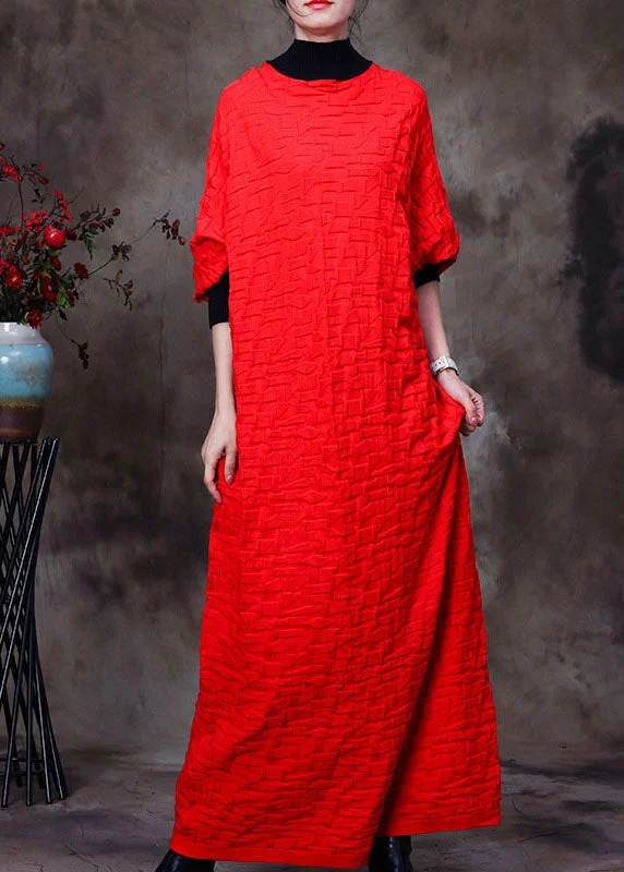 Boutique Red O-Neck Patchwork Knit Knit Sweater Dress Winter