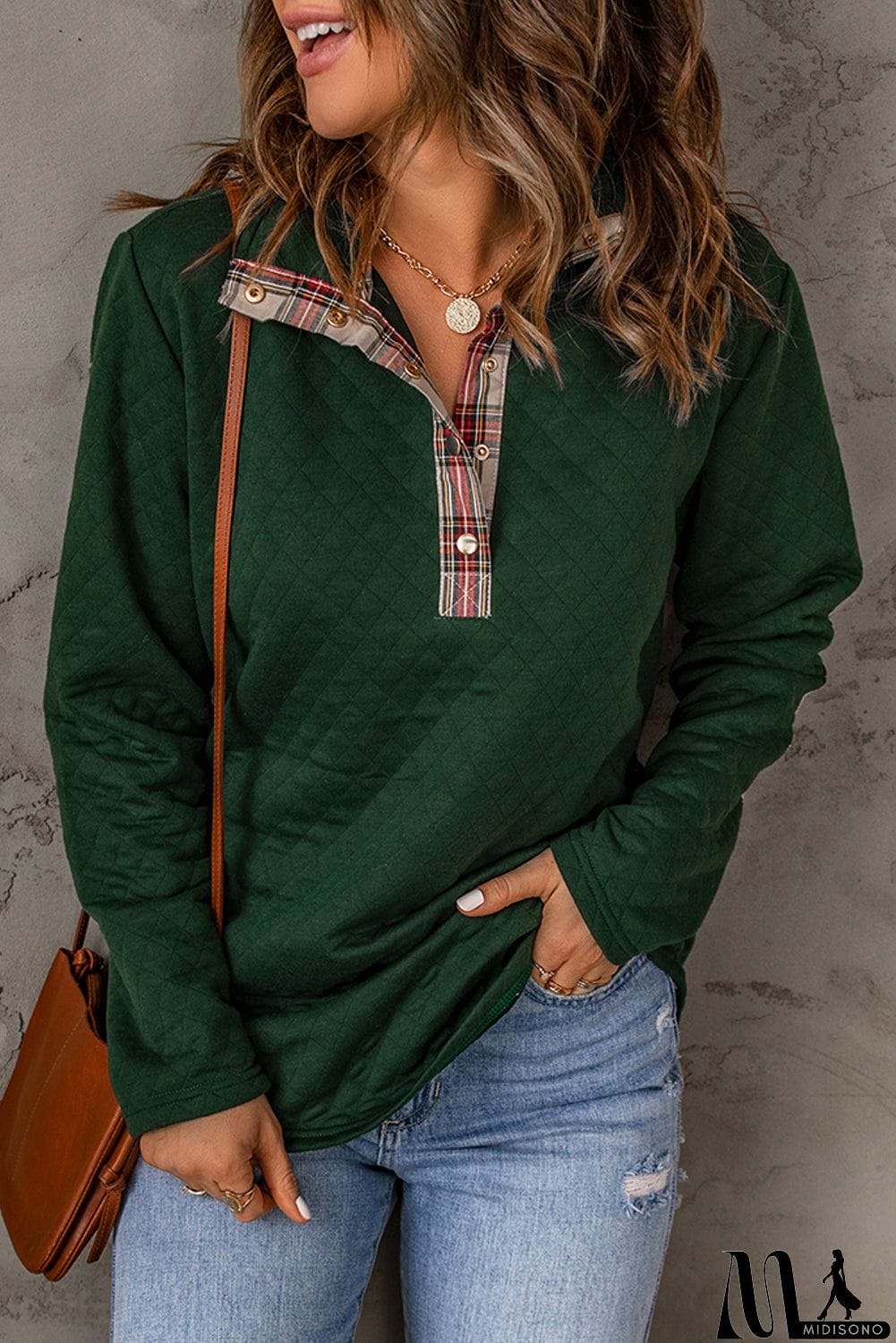 MidiSono - Geometric Texture Plaid Trim Sweatshirt
