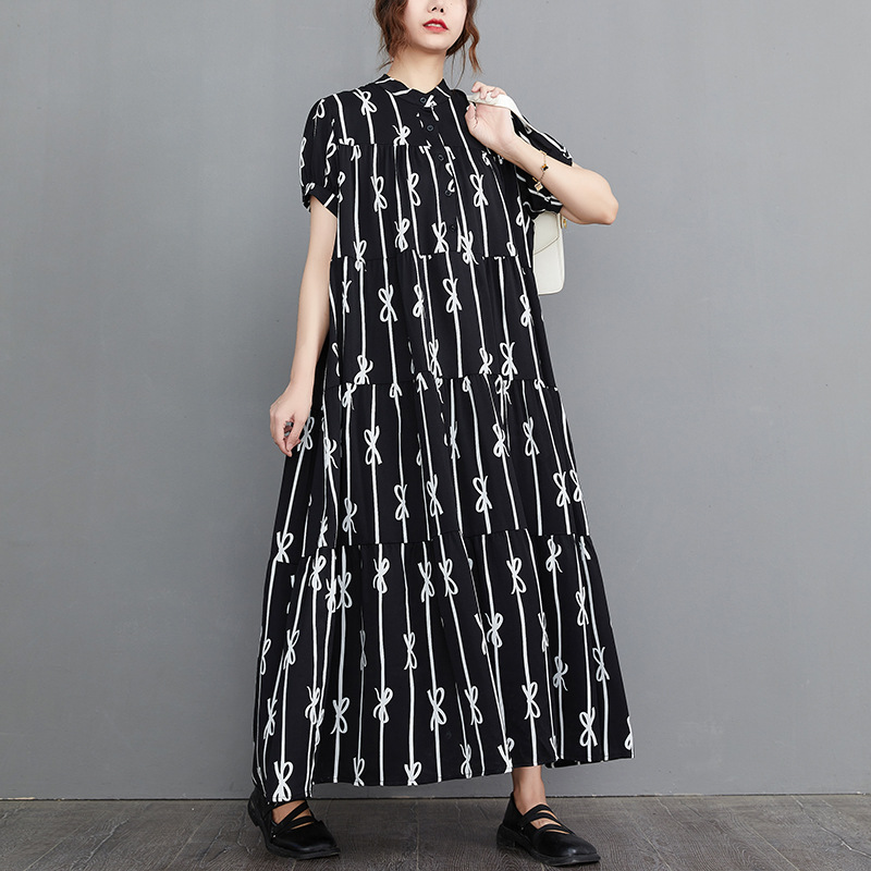 Loose Striped Print Short Sleeve Maxi Dress