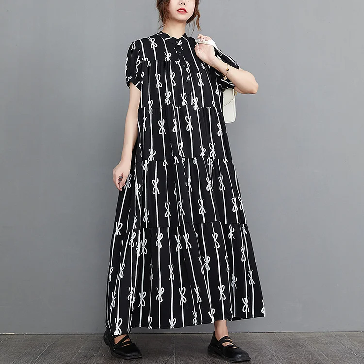 Loose Striped Print Short Sleeve Maxi Dress - yankia