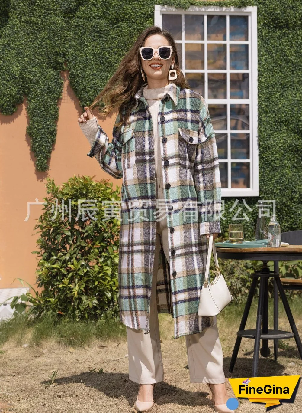 Autumn And Winter Classic Plaid Coat Ladies Lapel Double Side Pockets Long Loose All-match Coat Jackets