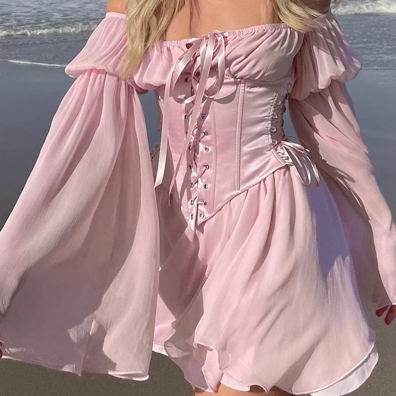 Uforever21 Fairy Pink Chiffon Mini Dress Chic Women Bandage Corset Vintage Long Puff Sleeve Sundress Slash Neck Bridesmaid Bodycon Beach