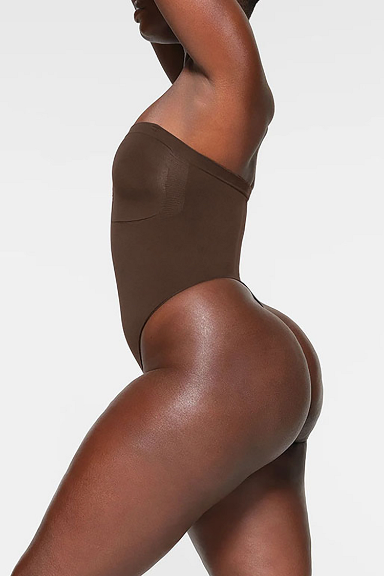 Solid Color Knit Boat Neckline Slim Fit Shapewear-Brown