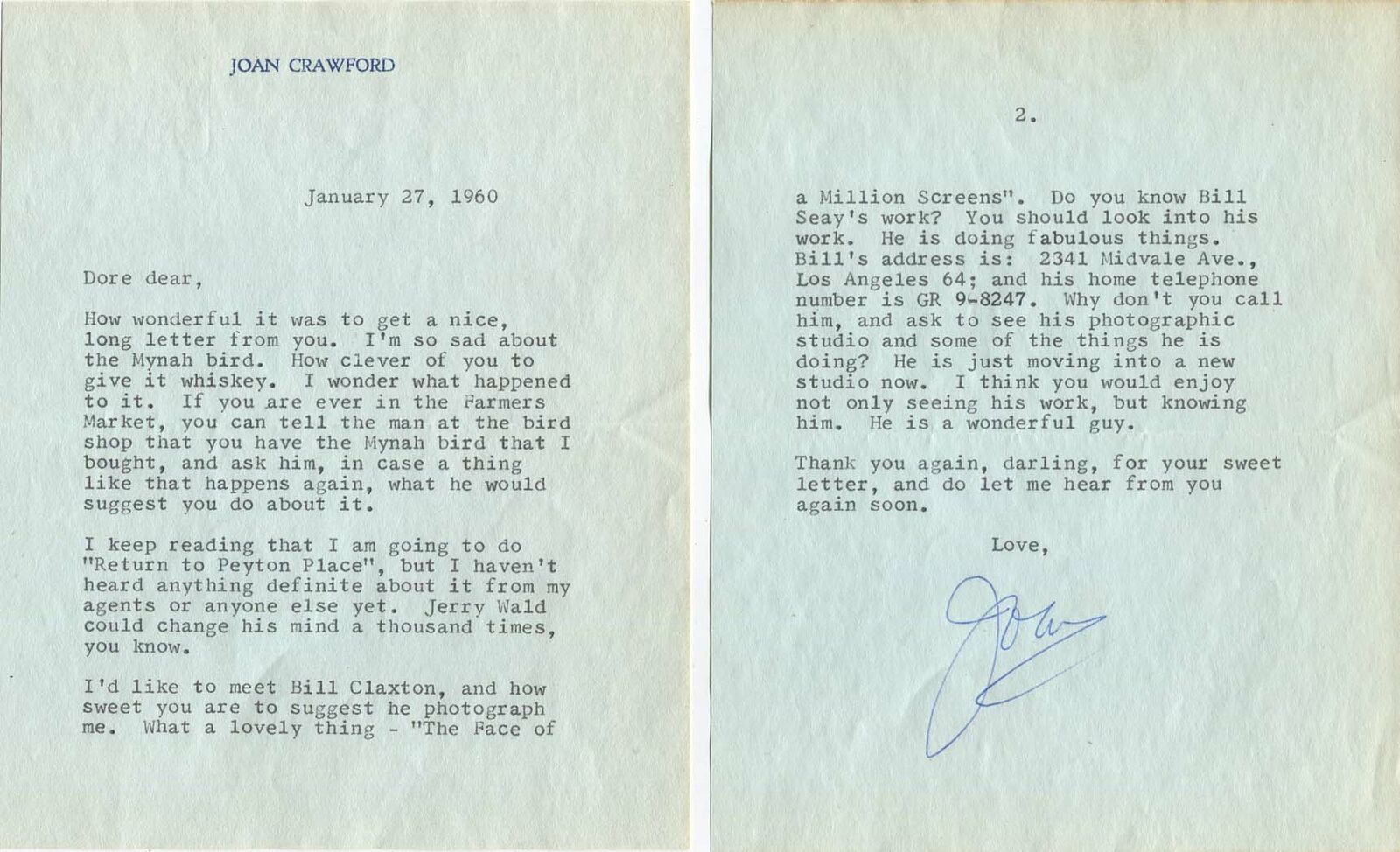 ACADEMY AWARD ACTRESS Joan Crawford (+) autograph, typed letter signed