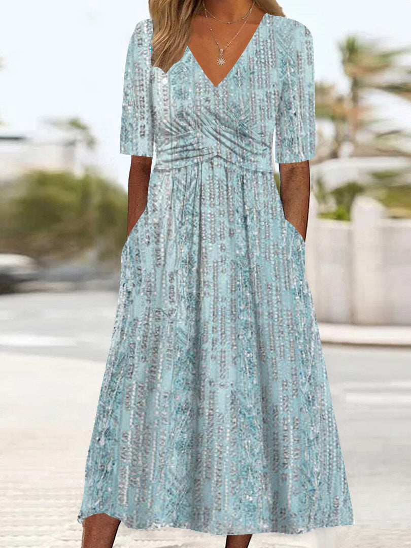 Women's Half Sleeve V-neck Graphic Pockets Midi Dress