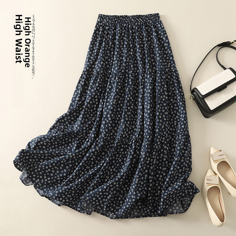 Ele Floral Print A-Line Midi Skirt High Waist Slimming Summer Women's Gown Vintage Sle Printed Fabric Loose Fit Long Skirt